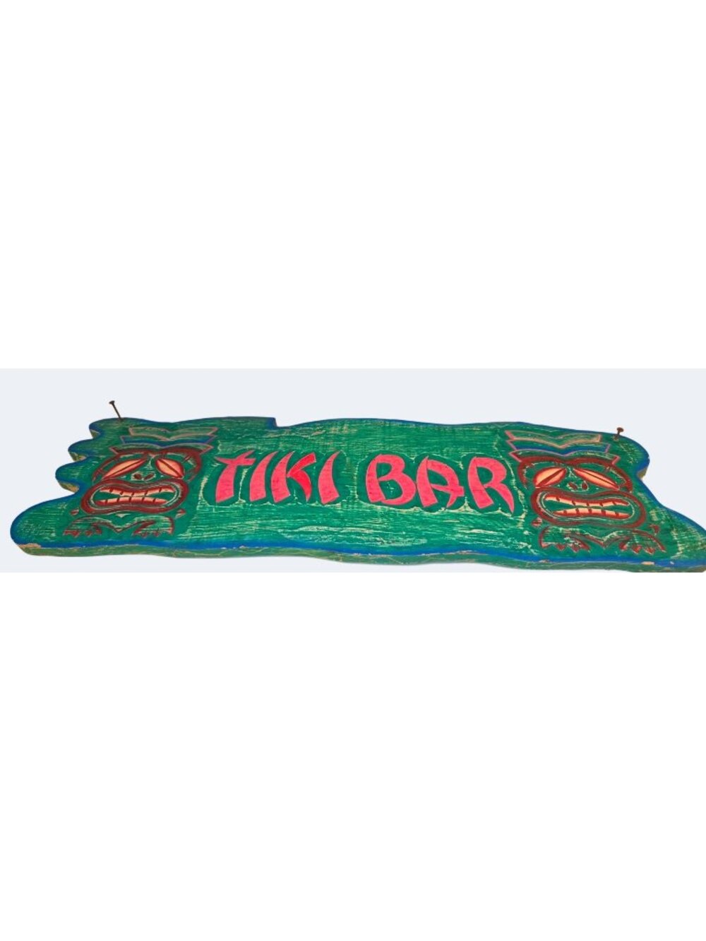 Hand-Carved Wooden Tiki Bar Sign Vibrant Green Pink Design Tribal Mask Motif 21"